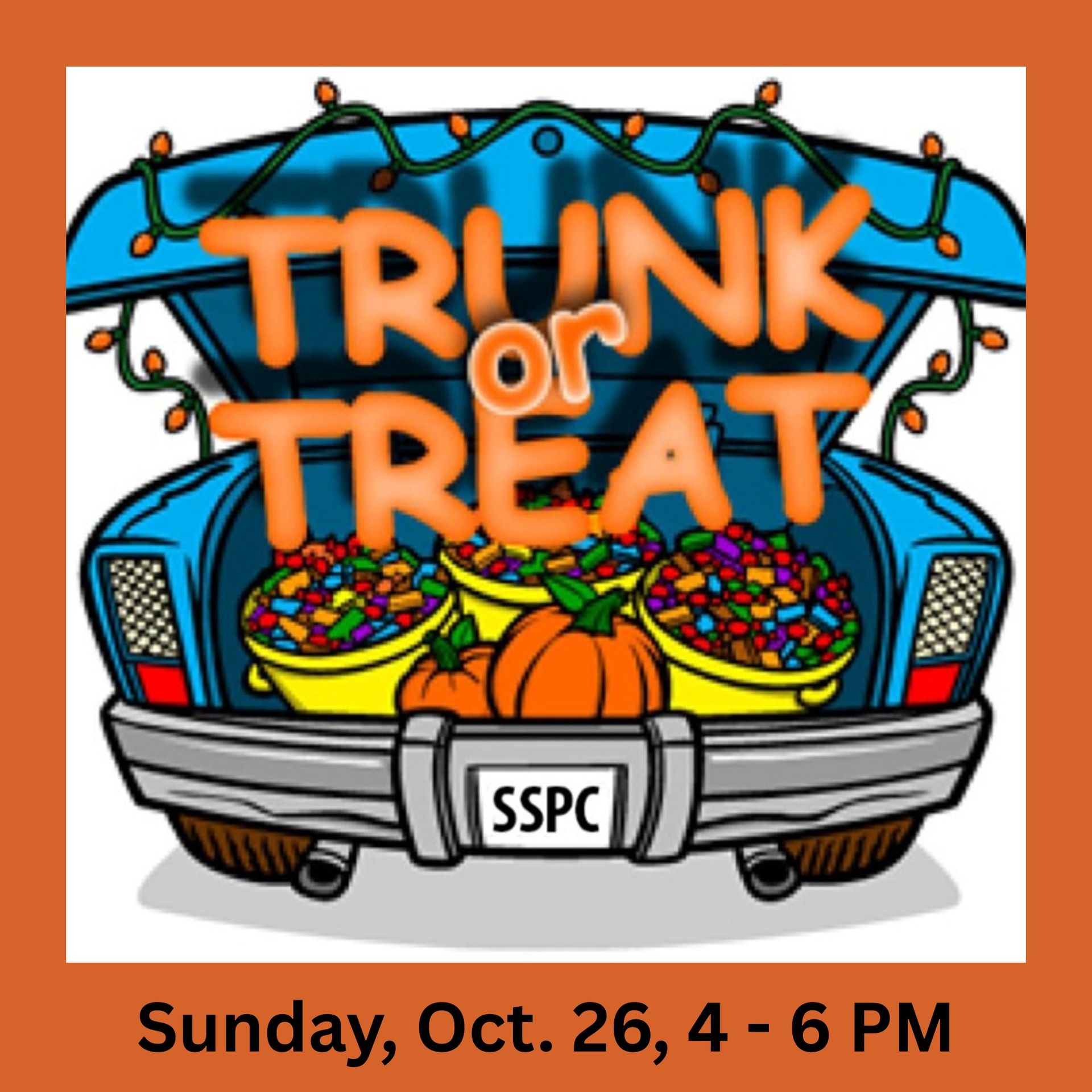 Trunk or Treat event graphic: Blue car trunk filled with candy, pumpkins. Sunday, Oct. 26, 4-6 PM.