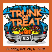 Trunk or Treat event graphic: Blue car trunk filled with candy, pumpkins. Sunday, Oct. 26, 4-6 PM.
