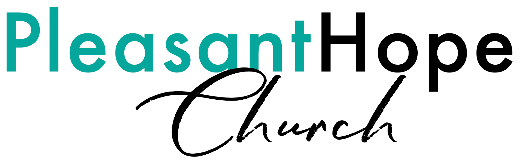 Logo for Pleasant Hope Church with teal "Pleasant" and "Hope", black "Church", and a cursive black "Church" below.