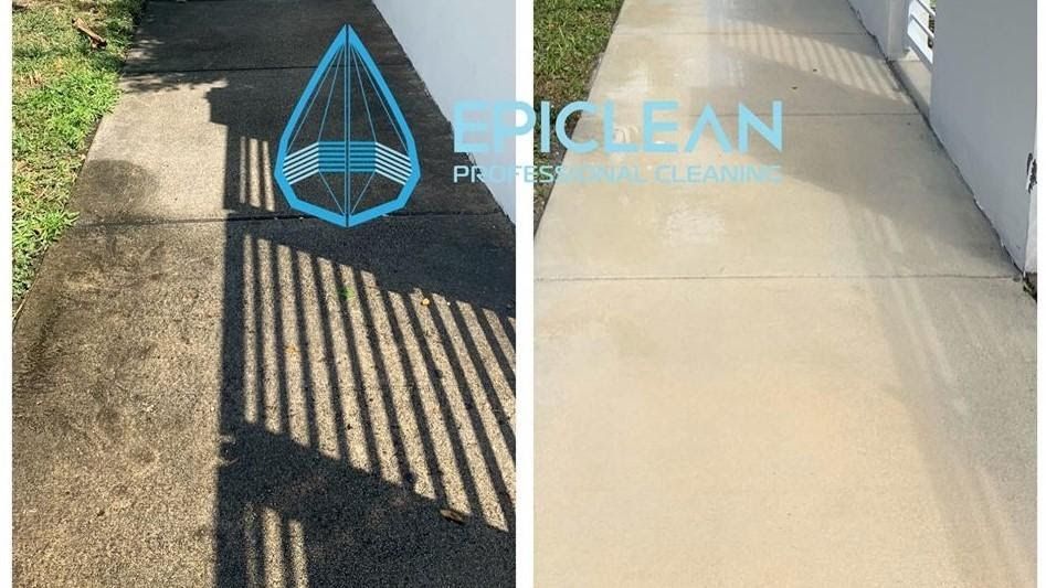 A before and after picture of a concrete sidewalk