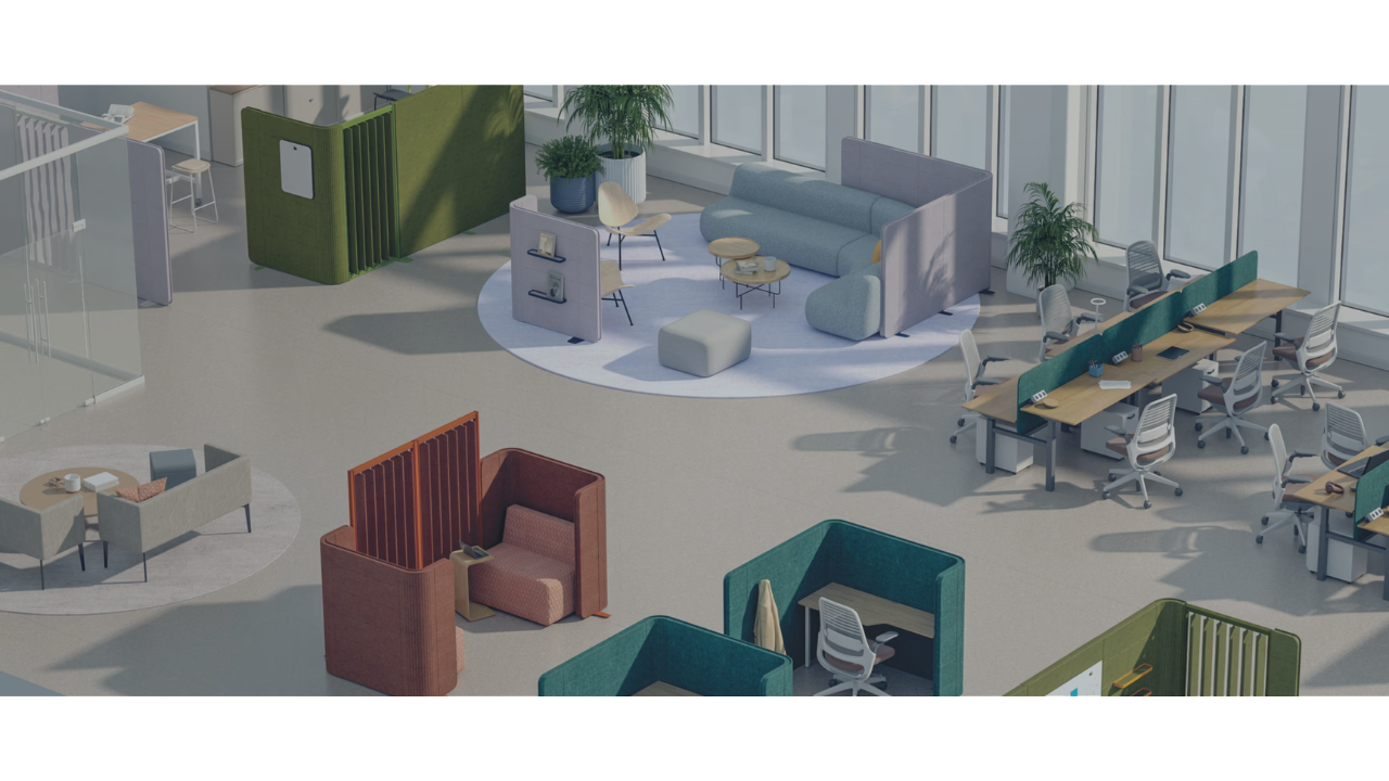 Modern zoned office layout for focus and collaboration.