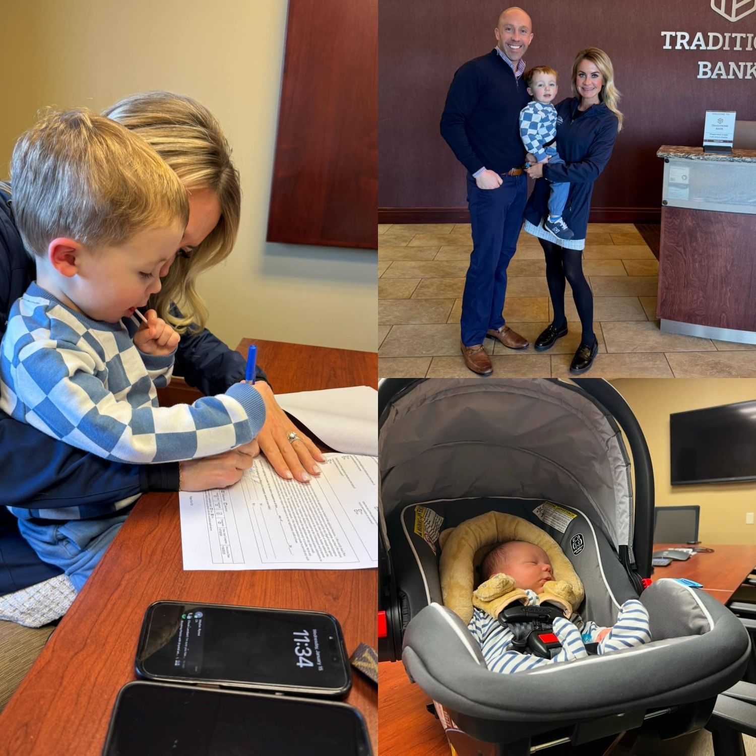 Family at a bank: mom and child signing, family posing, baby in carrier.