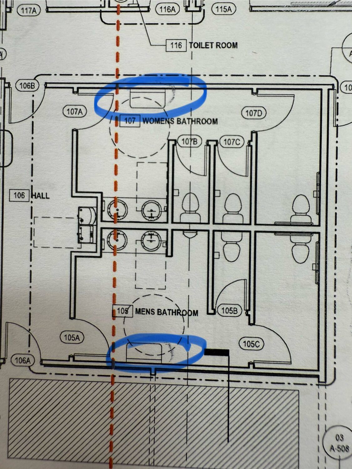 Floor plan shows men's and women's restrooms. Blue circles highlight sinks above and below.