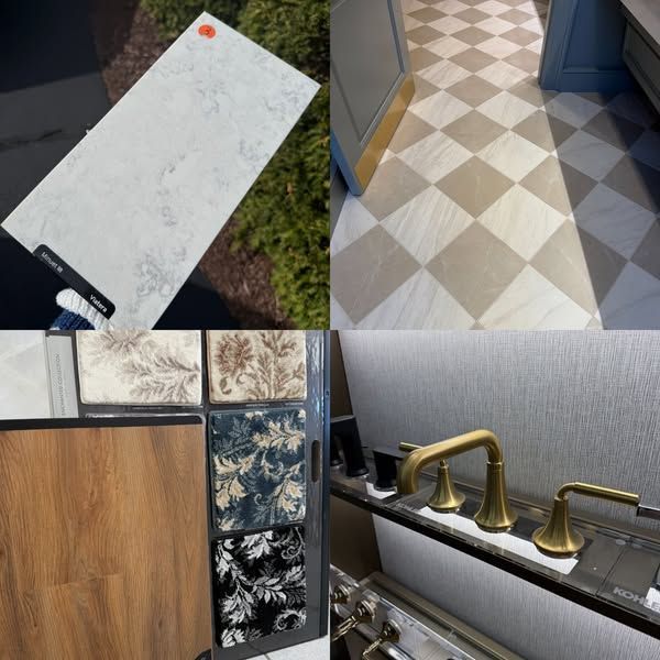 Four images showing home design elements: tile sample, checkered floor, wood flooring sample, gold bathroom fixtures.