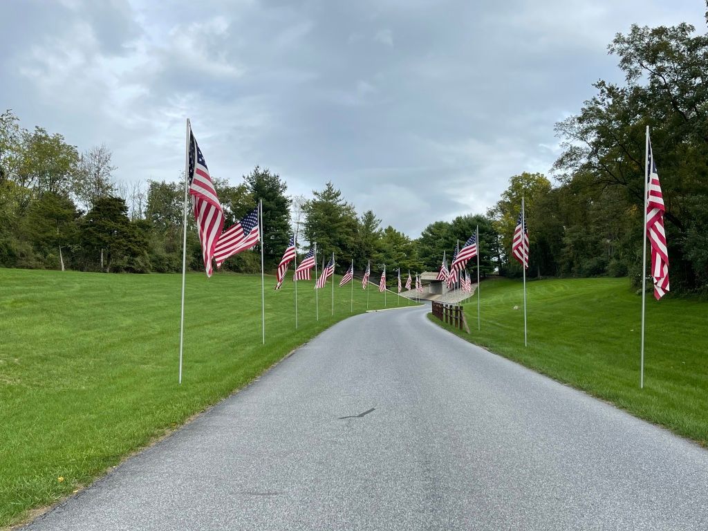 Gravel road lined with American flags on both sides, leading toward a building under a cloudy sky.