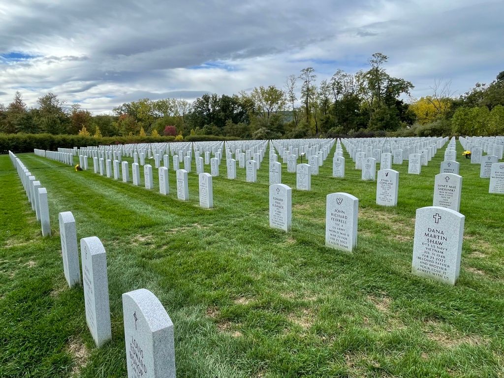 Rows of white gravestones on green grass under a cloudy sky.