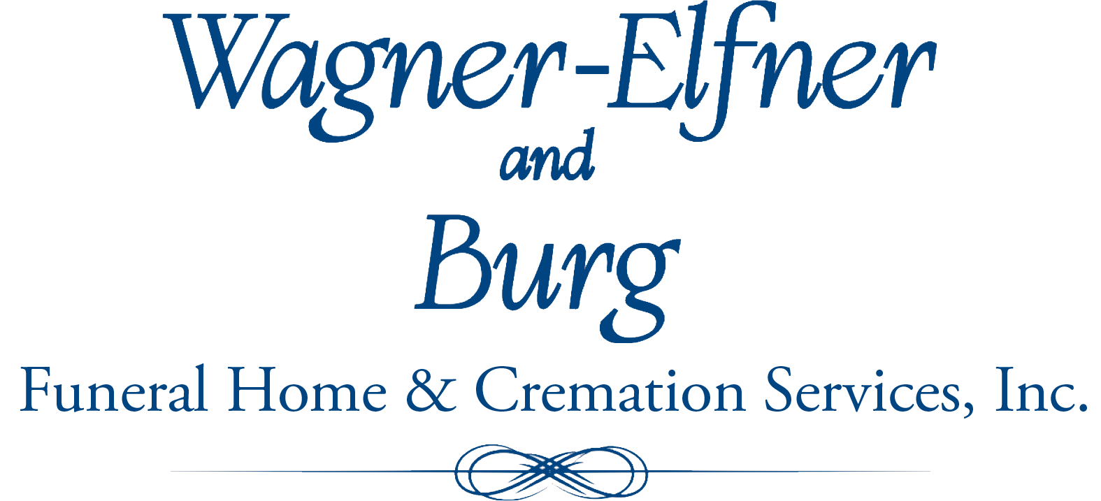 Logo for Wagner-Elfner and Burg Funeral Home & Cremation Services, Inc. in blue script.