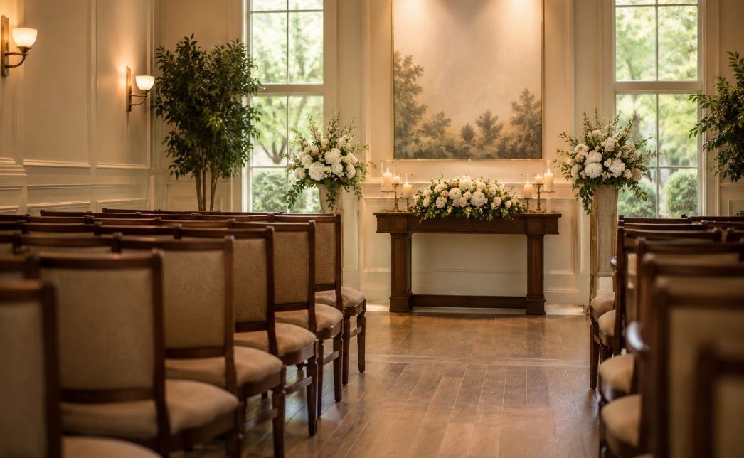 Warm and welcoming chapel interior at funeral homes York, PA with floral arrangements and natural li