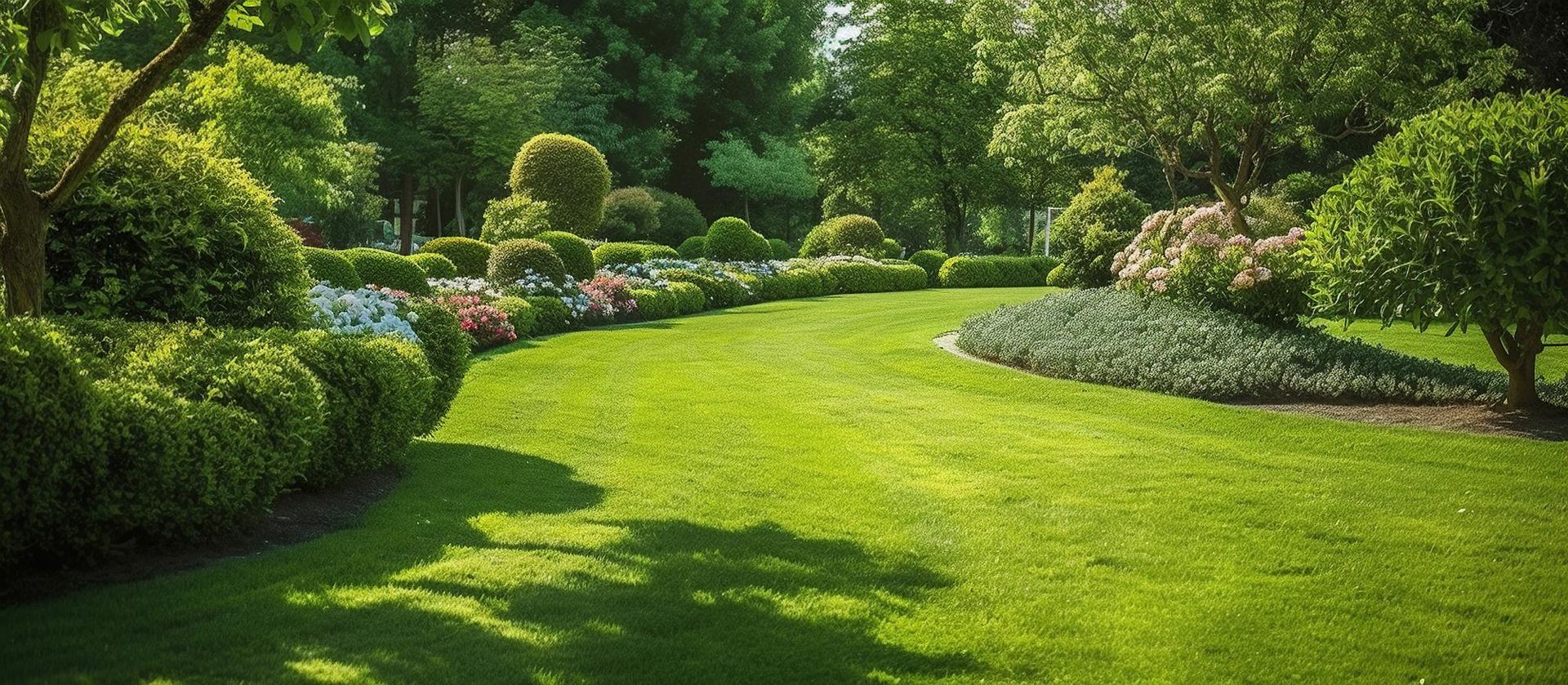 Lush green garden with neatly trimmed hedges, flowering borders, and a well-manicured lawn under a sunny sky.