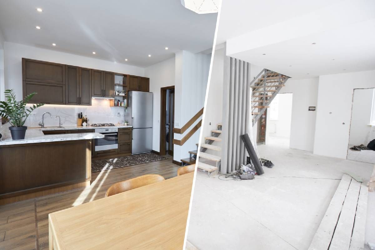 A before and after photo of a kitchen and dining room done by Heritage Design Interiors.