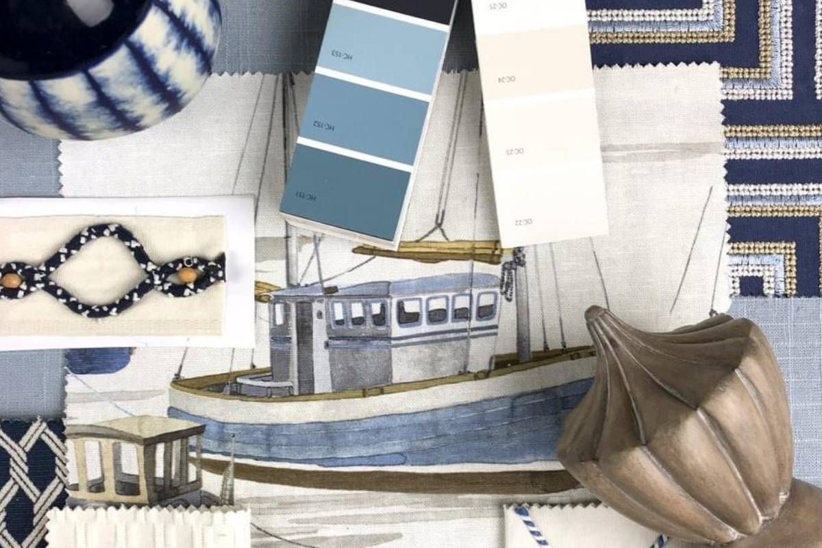 A collage of nautical items including a boat and seashells from Heritage Design