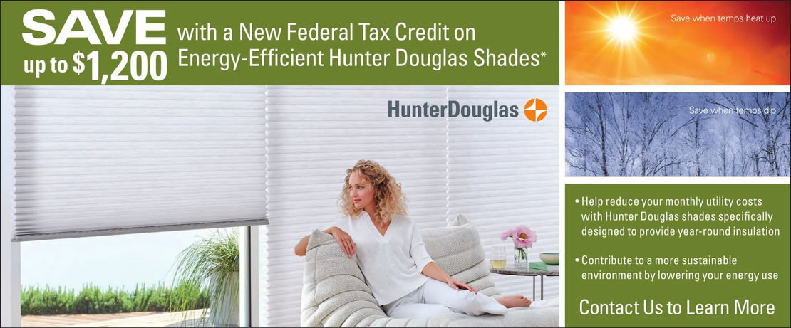 An advertisement for hunter douglas shades shows a woman sitting on a couch