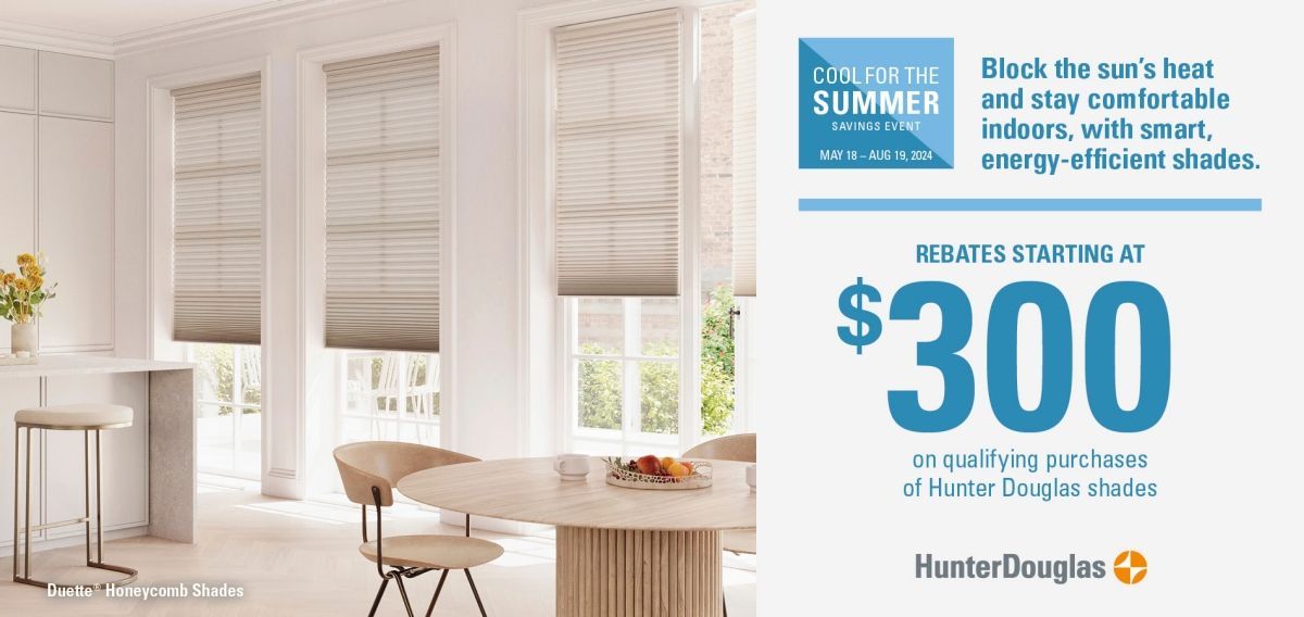 A dining room with a table and chairs and a Hunter Douglas sign that says $ 300.