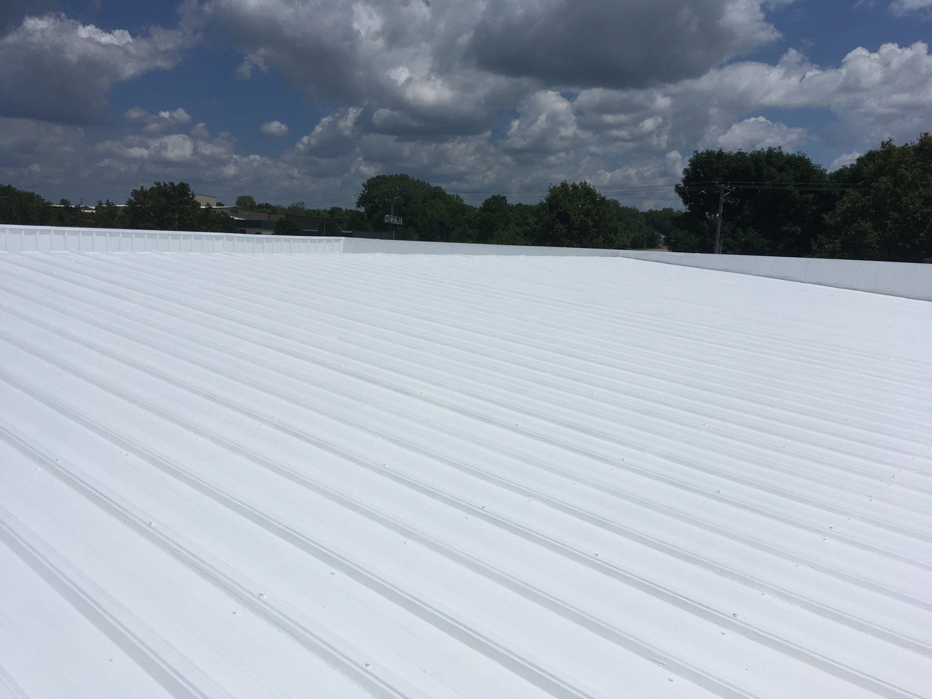 A coated white roof with trees in the background on a cloudy day.