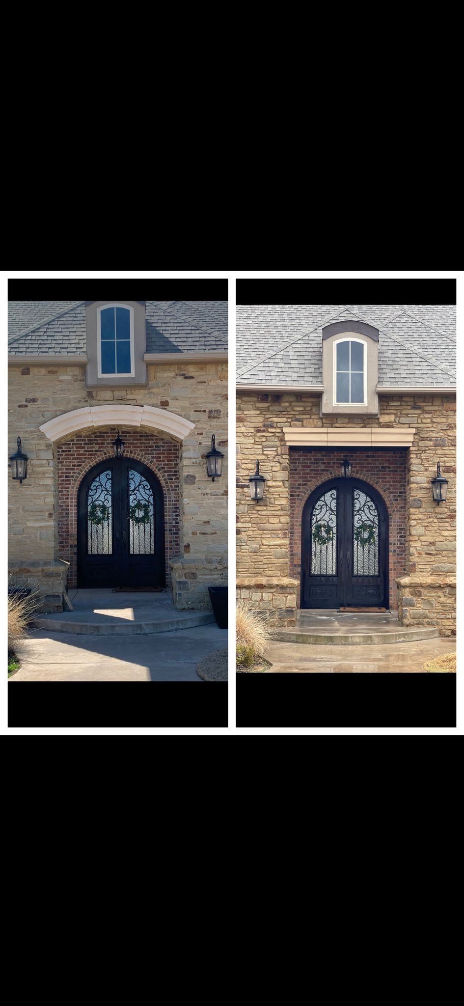 Side-by-side photos of a stone building entrance with arched black doors and windows.