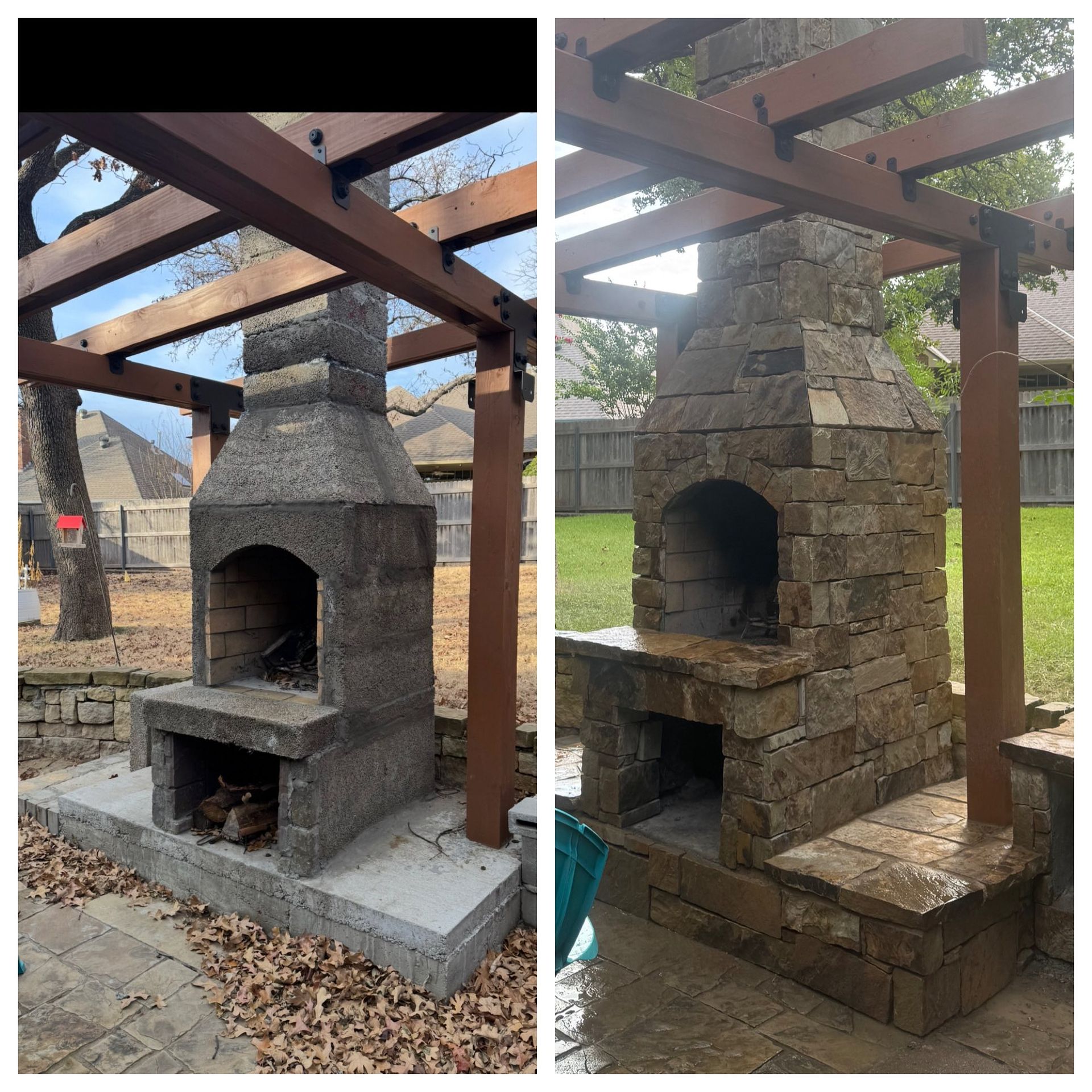 Stone outdoor fireplace beneath a wooden pergola, shown before and after construction.
