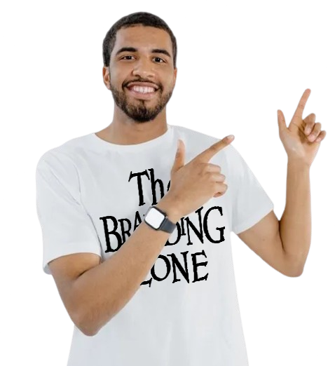 A man wearing a t-shirt that says the branding zone