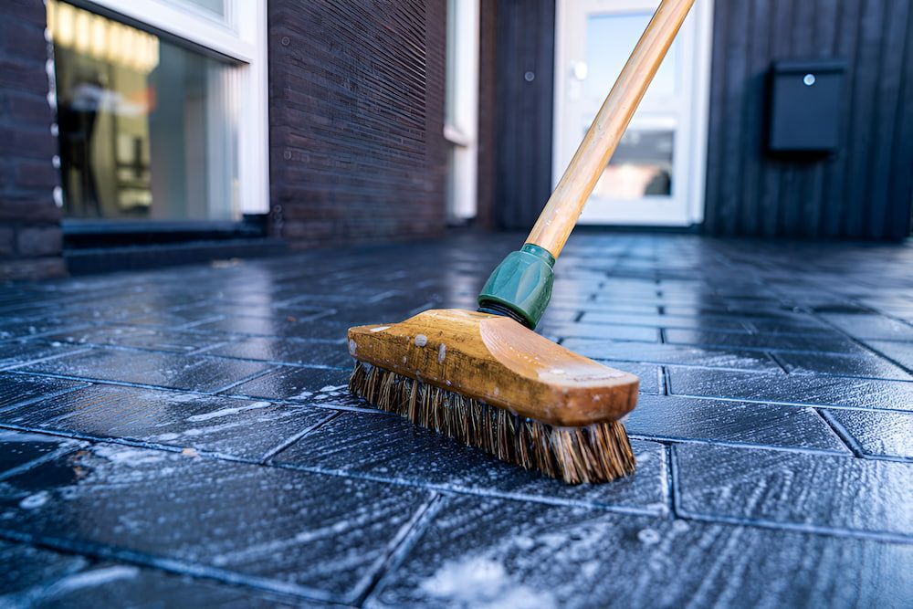 A Broom Is Being Used To Clean A Brick Walkway — Crystal Clear In Guyra, NSW