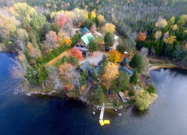 An aerial view of a small island in the middle of a lake surrounded by trees.