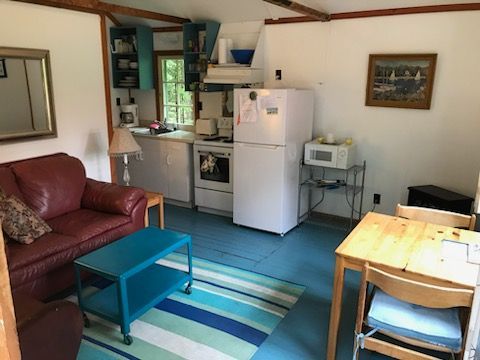 A living room with a couch , table , chairs and a refrigerator.