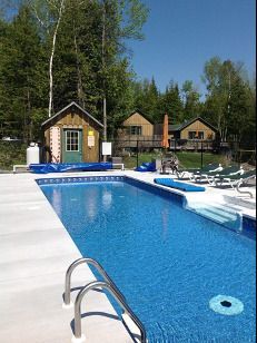 A large swimming pool with a shed in the background.