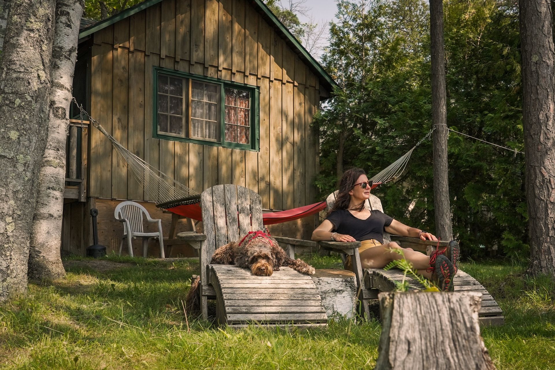 Woman relaxing on a wooden chair with a dog near a cabin. A hammock hangs nearby on a sunny day.