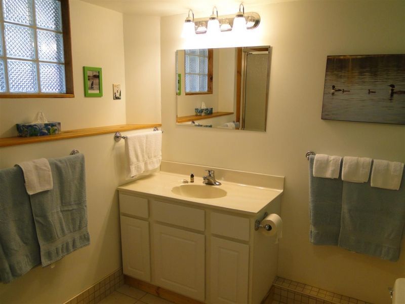 A bathroom with blue towels and a picture of ducks on the wall