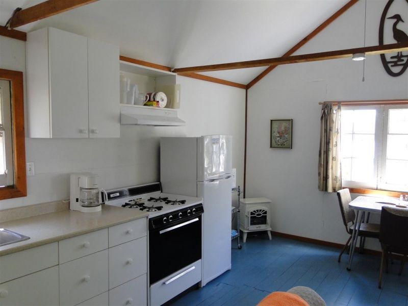 A kitchen with a stove top oven and a refrigerator