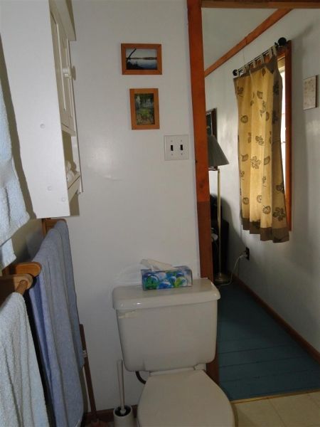 A bathroom with a toilet and a box of tissues