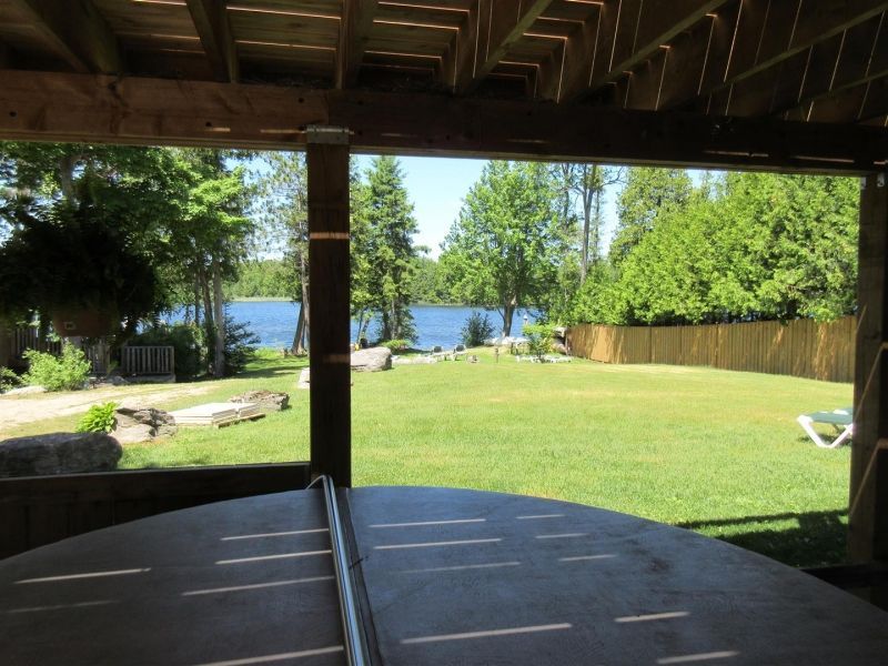 A pool table with a view of a lake