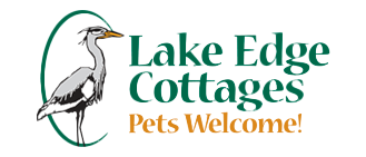 A logo for lake edge cottages with a bird on it