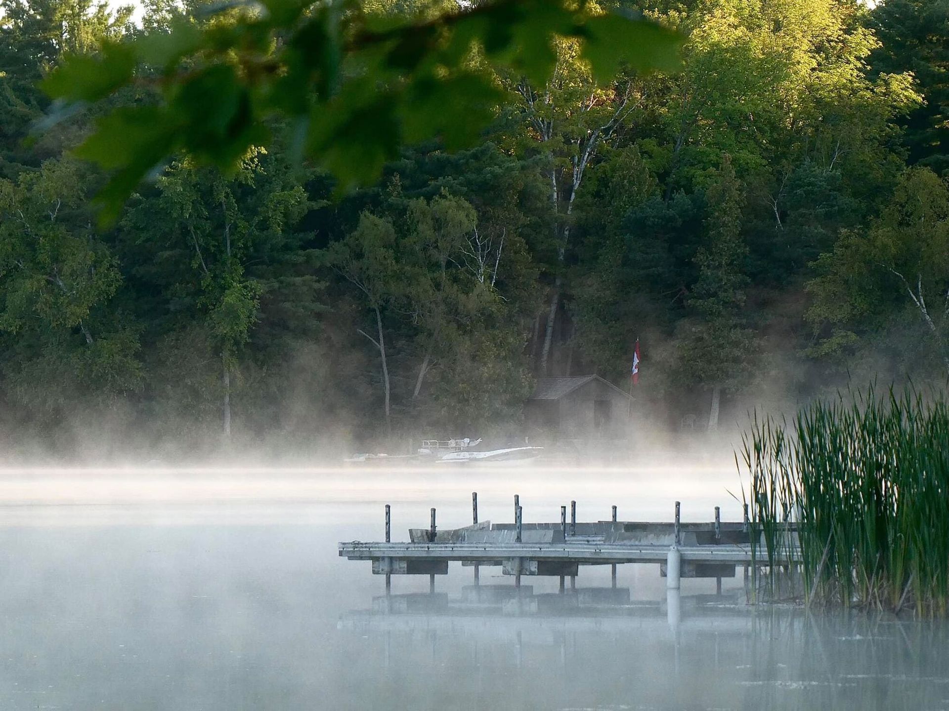 A foggy lake with a dock in the foreground