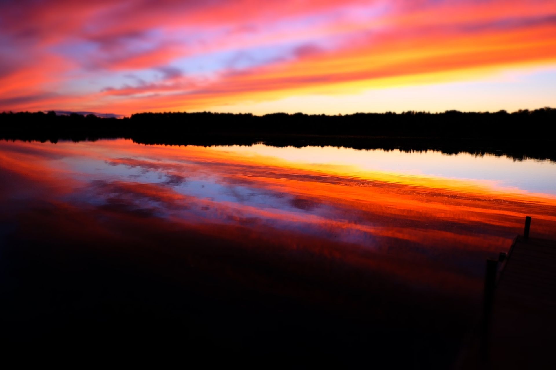 A sunset over a body of water with trees in the background