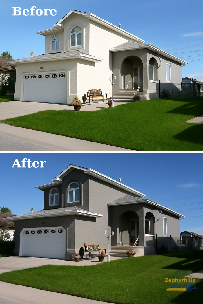 Exterior house painting in Zephyrhills FL stucco home repainted light gray with white trim for a fresh, modern curb appeal