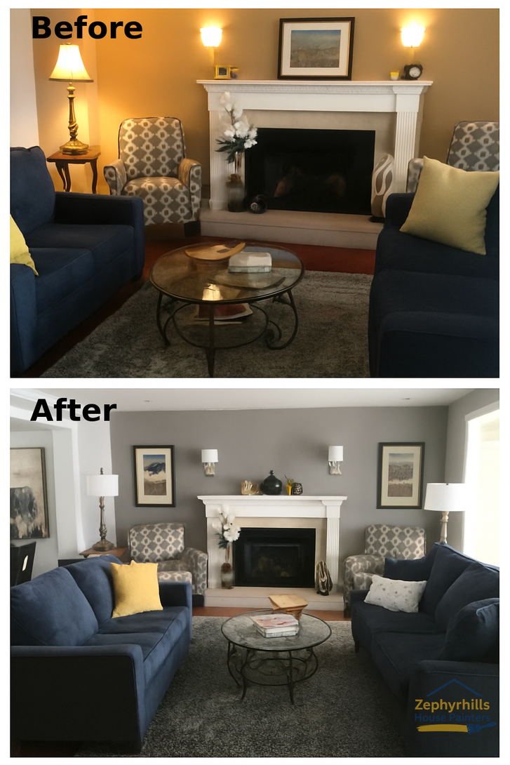 Interior house painting in Zephyrhills FL living room repainted gray with white trim for a clean, stylish, updated interior