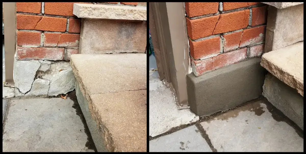 before and after picture of concrete repair to brick and foundation stones