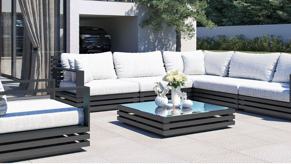 Concrete patio with outdoor furniture