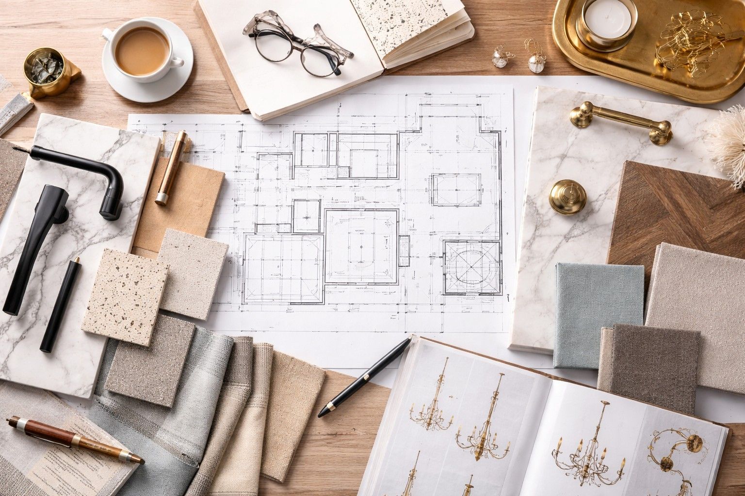 Modern interior design workspace with architectural floor plan, marble and wood samples, fabric swat