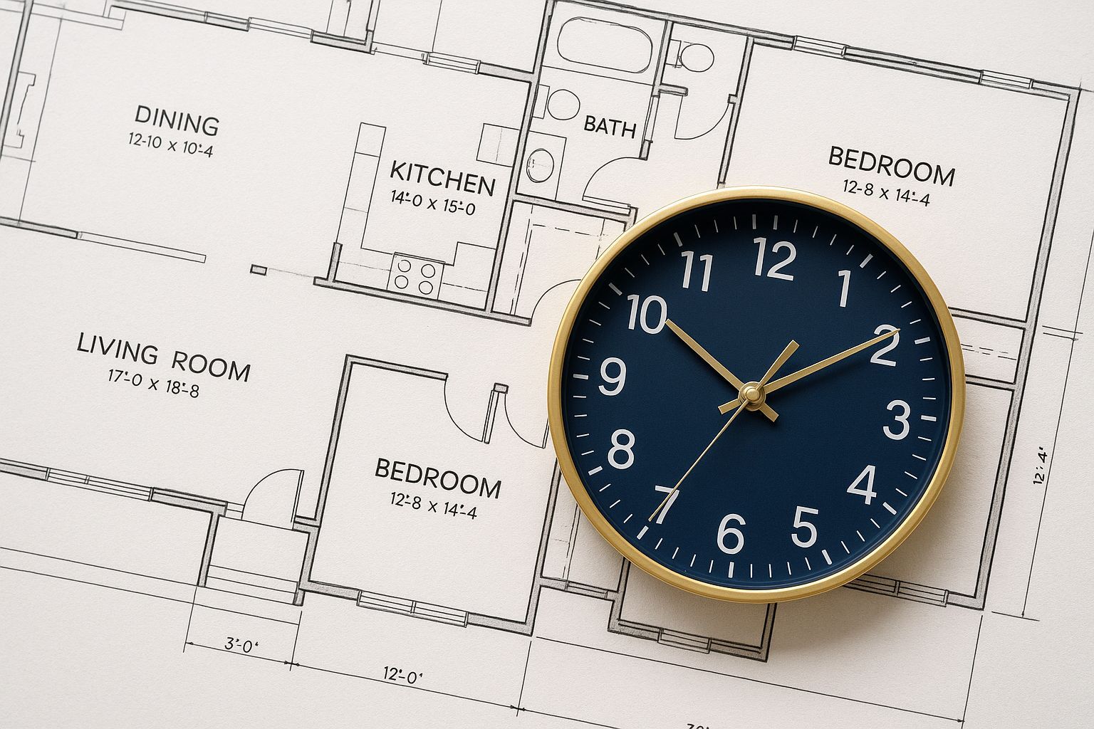 custom home floor plan with clock resembling timeline