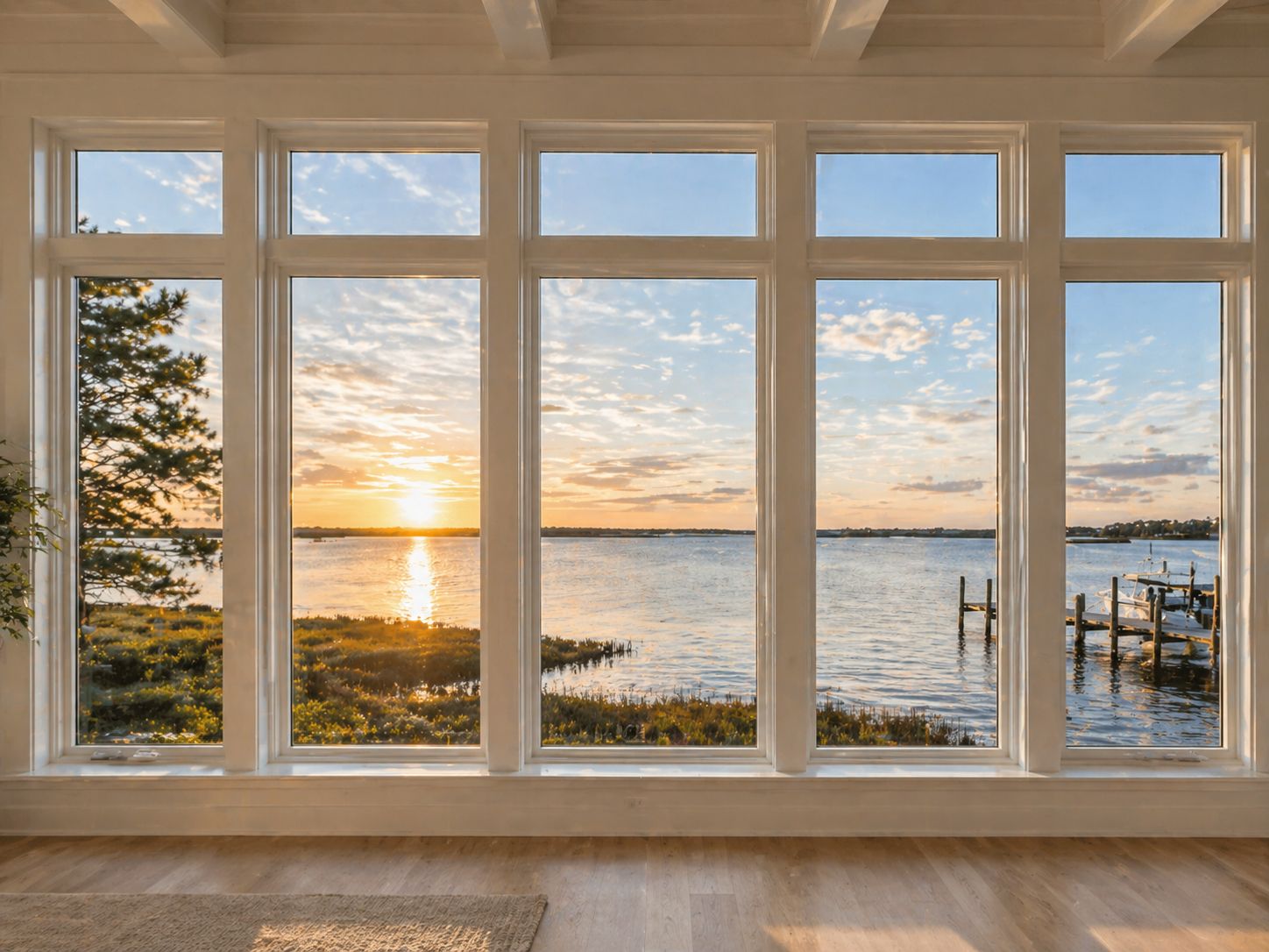 A custom home with a waterfront view with gorgeous windows for a view.