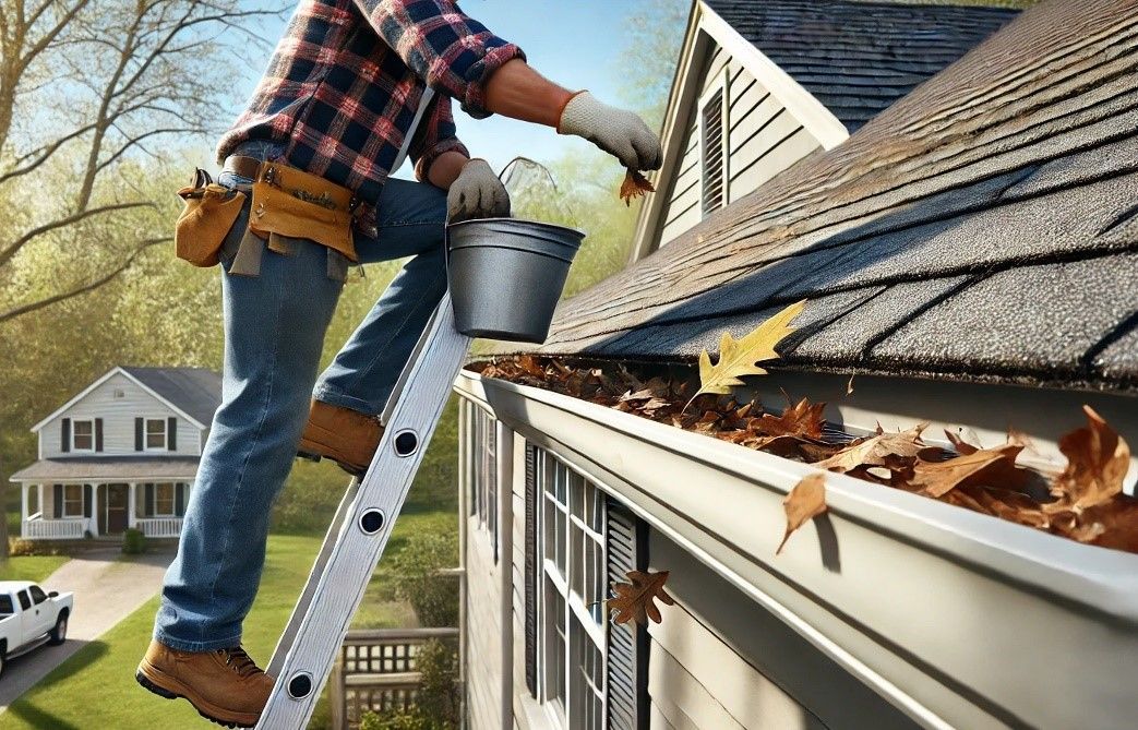 A person on a ladder cleaning leaves from roof