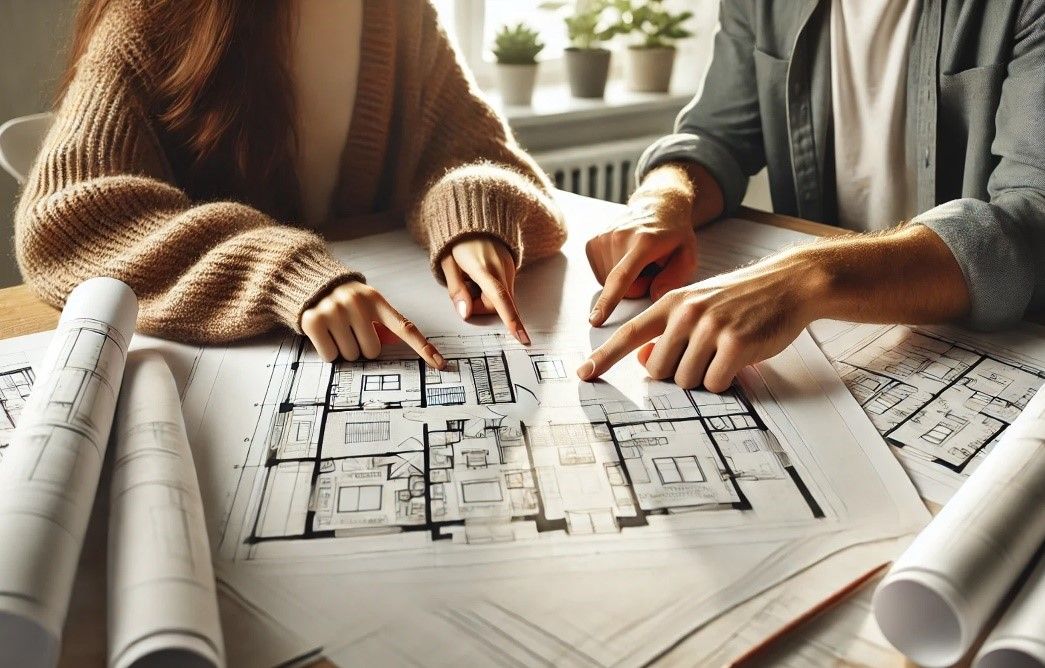 Two people discussing on floor plan