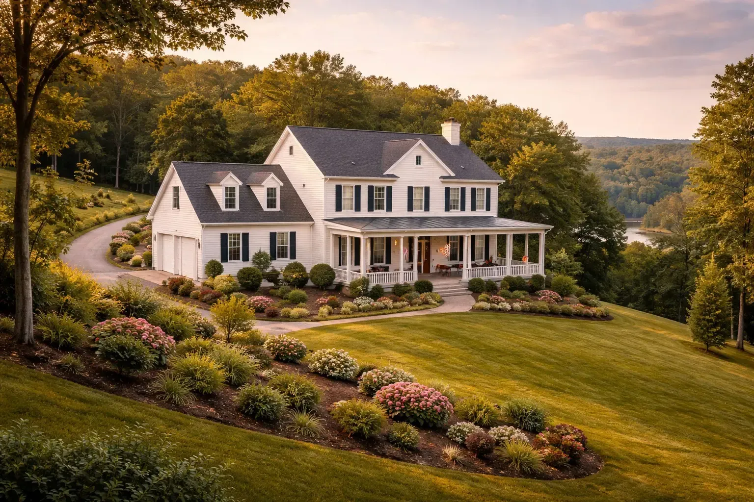 A large white farmhouse-style home with black shutters and a wrap-around porch, situated on a beauti