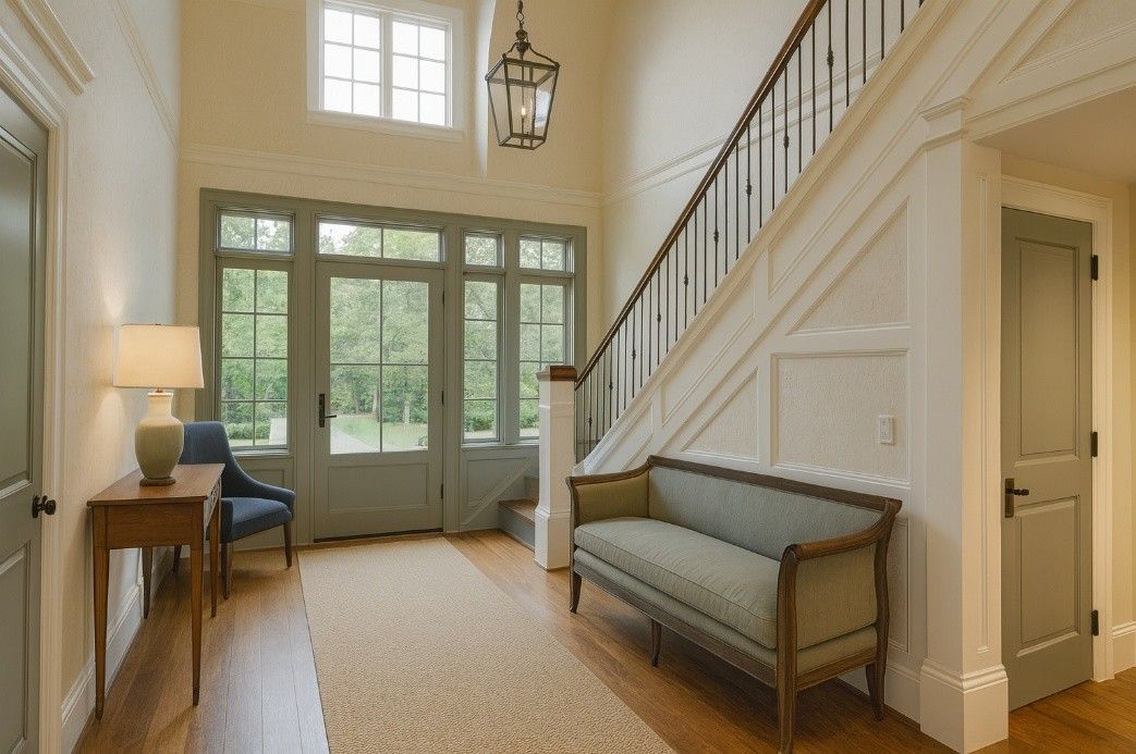 A hallway featuring a couch on one side and a staircase leading up on the other side.