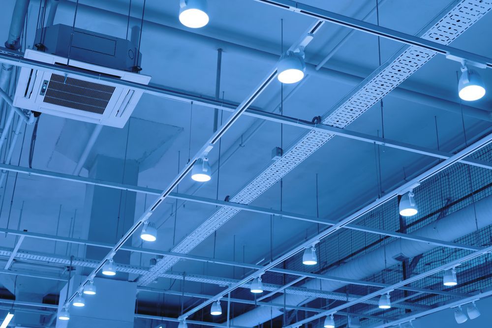 The ceiling of a building with a lot of lights hanging from it.