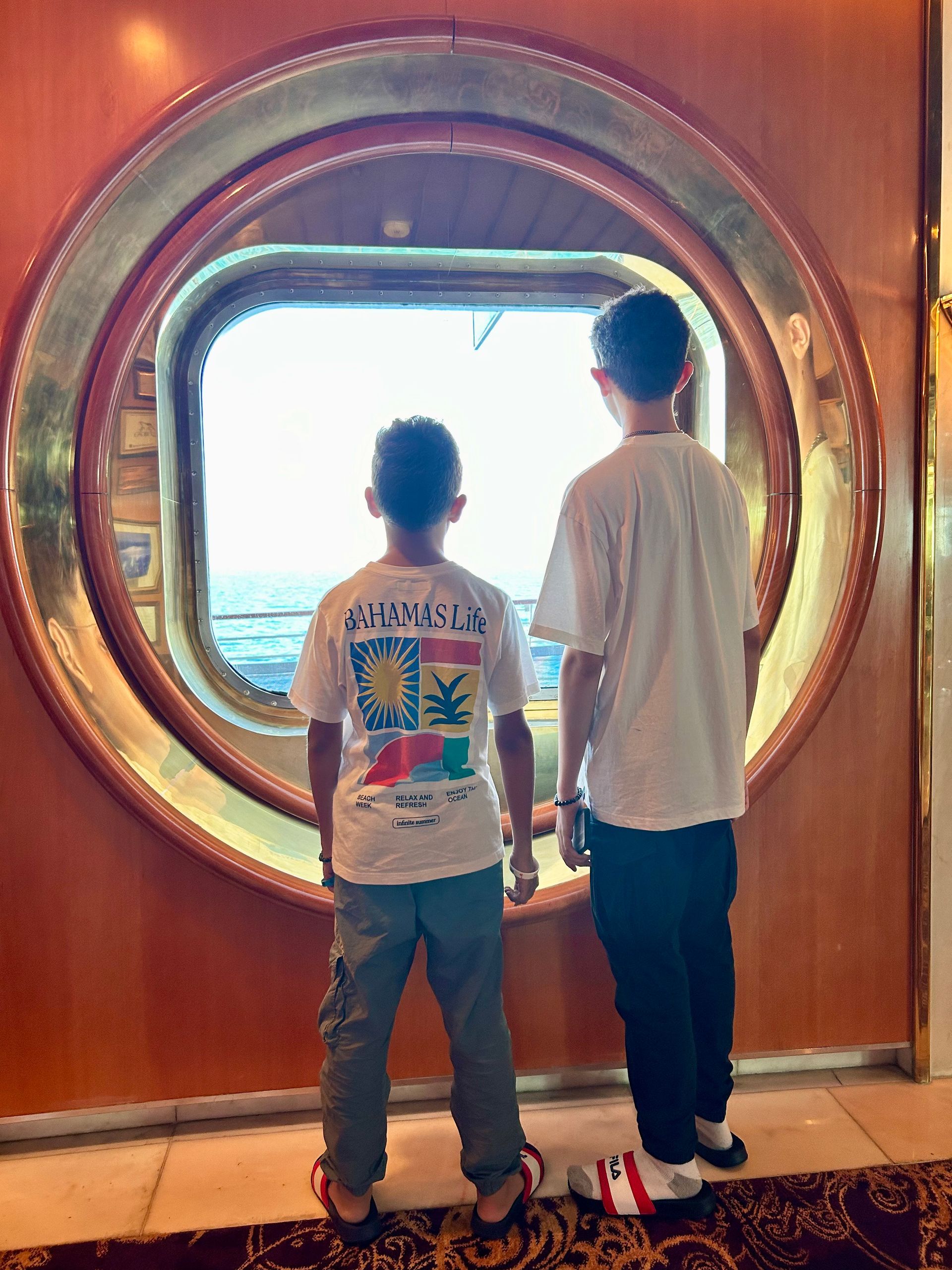 Two young boys are looking out of a round window.