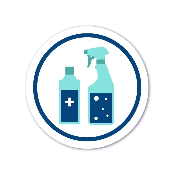 Produtos de limpeza: frasco e borrifador, verde-azulado e azul, dentro de um círculo branco com borda azul.