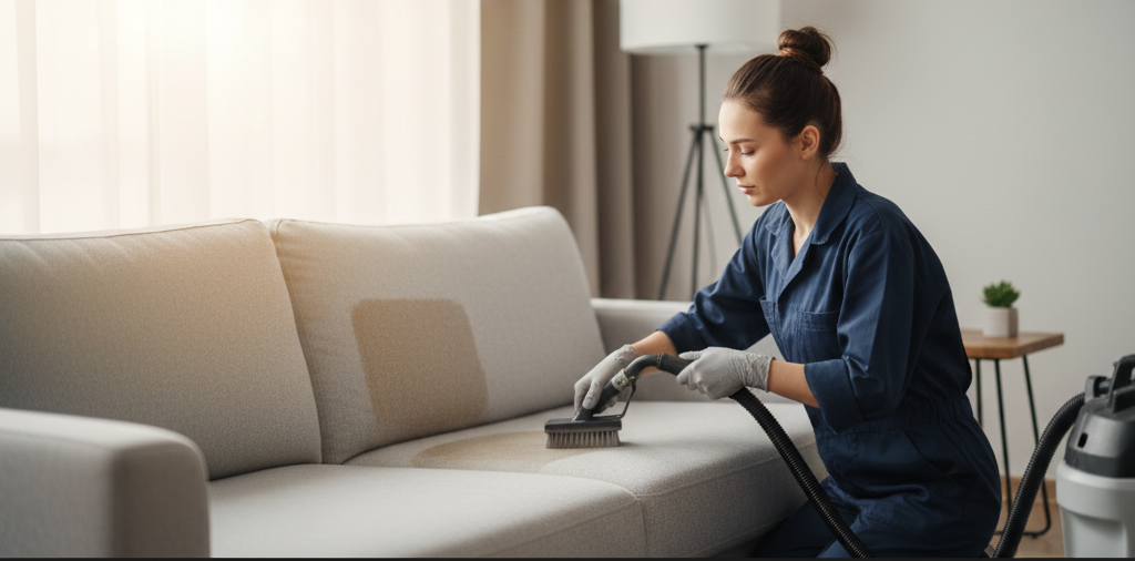 Woman cleaning a light-colored sofa with a vacuum. She wears gloves and a blue jumpsuit, in a living room.