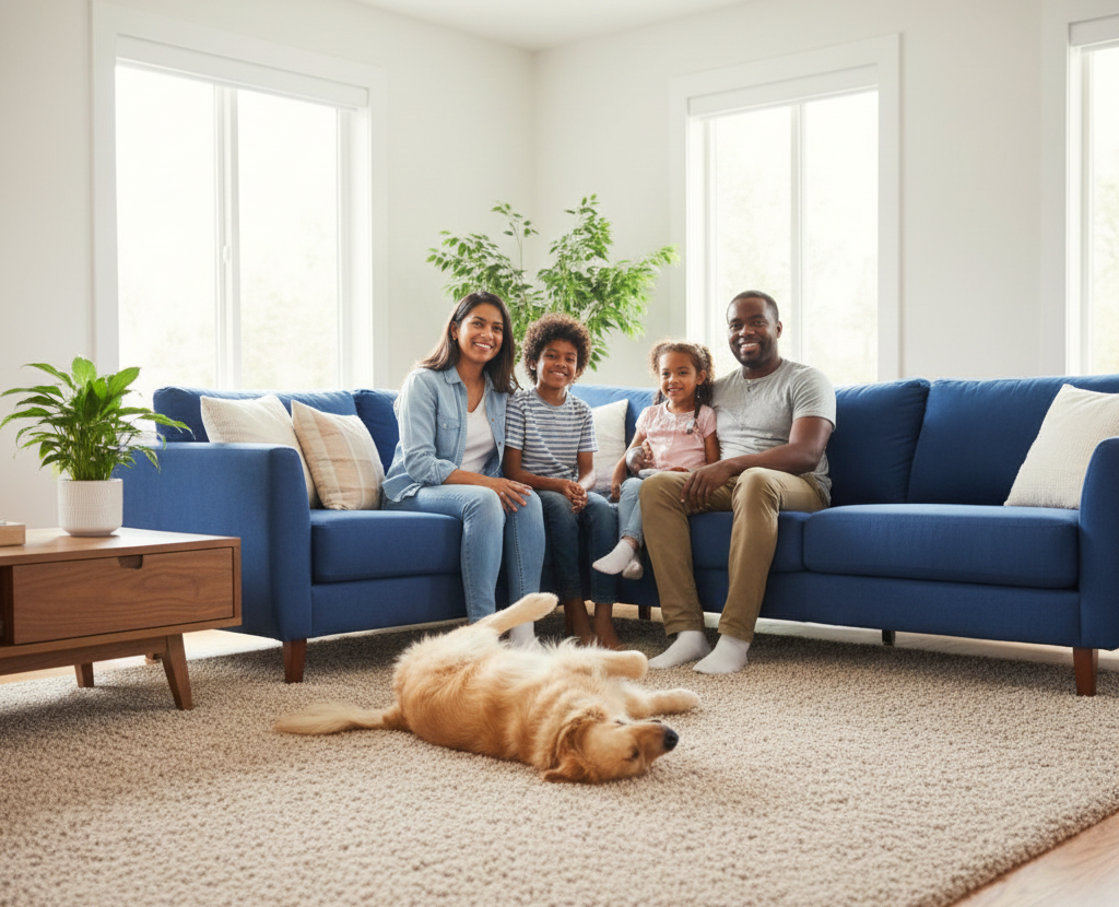 Family of four on a blue couch, dog on the floor in a bright living room.