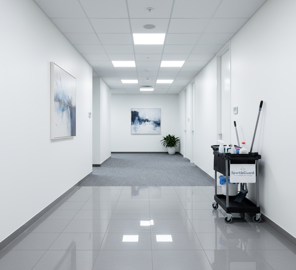 Long, white office hallway; cleaning cart with supplies, artwork on walls.